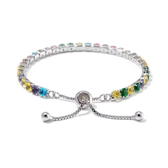 Simulated Multi Color Diamond Tennis Bracelet with Bolo Slider in Silver 6-9 In - Picture 3 of 5